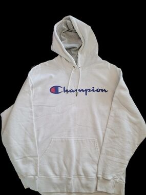 Champion White Hooded Sweatshirt with Blue Logo